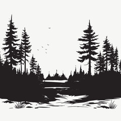 Black white forest landscape trees nature scenery woodland wilderness monochrome silhouette tranquil birds
