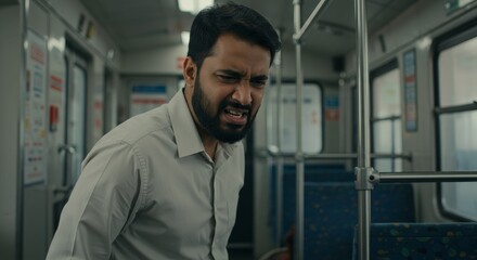 Disgust on Public Transportation: A Reaction to Body Odor - Man expressing disgust and discomfort due to unpleasant body odor on a crowded train. Symbols: grimace, wrinkled nose, aversion