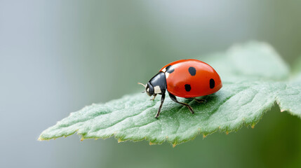 Fototapeta premium Minimalist shot of a Seven-spot ladybird climbing a light green leaf against a soft backdrop