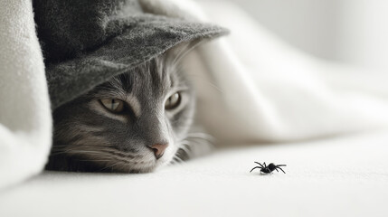 Charming cat in witch hat relaxing under white blanket with spider toy in soft morning light