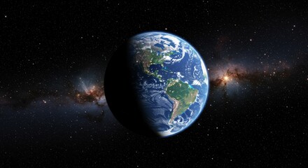 Fototapeta premium Earth's Gentle Embrace: A Cosmic View - Our planet Earth, a sphere of life, floating in the vastness of space, surrounded by twinkling stars and a majestic galaxy, symbolizing life, wonder