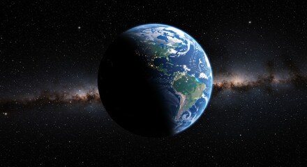 Fototapeta premium Earth's Nightside and the Milky Way - A detailed illustration of planet Earth, partially illuminated