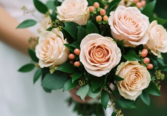 Obraz premium Close up Wedding Bouquet Delicate Flowers Greenery Floral Arrangement Bridal Accessory Bloom Fresh Petal Texture Romantic Design