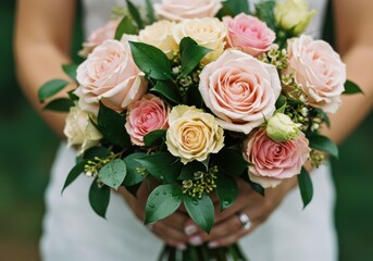 Close up Wedding Bouquet Delicate Flowers Greenery Floral Arrangement Bridal Accessory Bloom Fresh Petal Texture Romantic Design