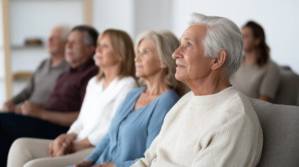 Fototapeta premium Group of seniors enjoying a Halloween movie in a cozy lounge setting with soft lighting and simple chairs