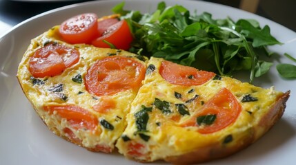 Delicious tomato and basil frittata recipe with fresh arugula salad