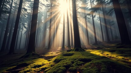 Ethereal forest sundrenched mossy woodland floor