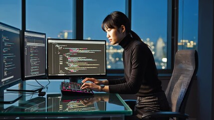 Software developer writing code on laptop and computer keyboard looking at multiple screens. motion video. - Powered by Adobe