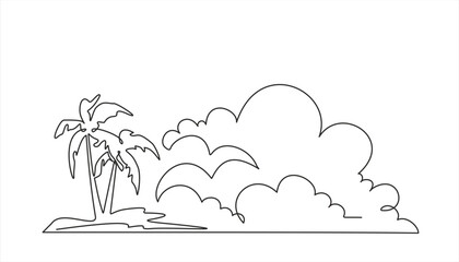 One continuous line drawing of beach with palm tree. Abstract tropical landscape with sea and clouds in simple linear style. Travel vacation in editable stroke. Doodle contour vector illustration