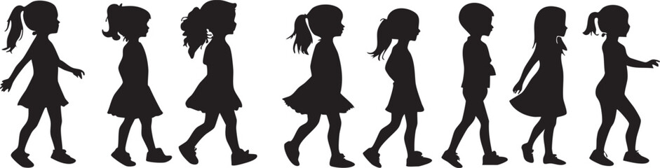Diverse Children Walking Silhouettes Vector Set