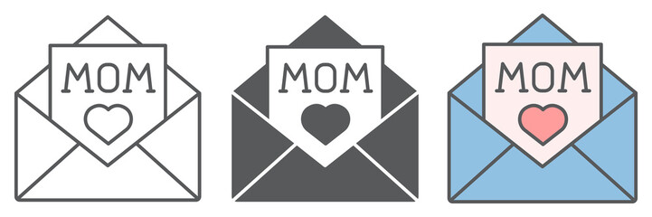 Letter for mom icon collection, envelope and heart, letter for mother vector icon set, vector graphics, editable stroke outline sign, eps 10