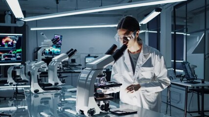 Female scientist examining samples with microscope in modern laboratory   - Powered by Adobe