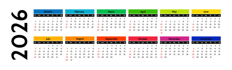 Calendar for 2026 isolated on a white background