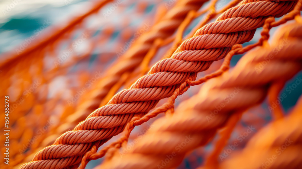 Wall mural close-up of a vibrant orange rope net draped in a smooth curve, emphasizing its strong knots and con