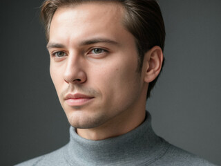 Fototapeta premium Close-Up Portrait of a Young Man in Gray Turtleneck