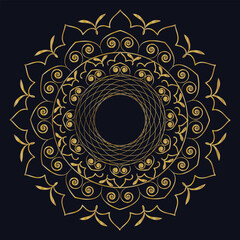 Ornate Golden Mandala with Floral Swirls and Circular Design on Dark Navy Background