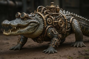 Obraz premium Steampunk crocodile wearing goggles walking on sand