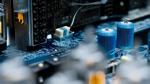 Close-up video of vacuum tubes on a circuit board with a shallow depth of field creating bokeh for an abstract look at retro technology