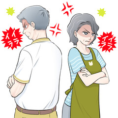 喧嘩してイライラする年配夫婦（エプロンあり）のイラスト