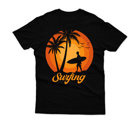 Retro Surfing Sunset T-Shirt Design with Palm Trees and Ocean Waves