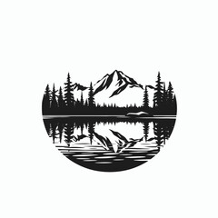 Fototapeta premium Mountain lake reflection landscape nature forest trees scenic outdoors black and white silhouette vector art