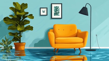 Flooded Living Room Interior with Yellow Armchair