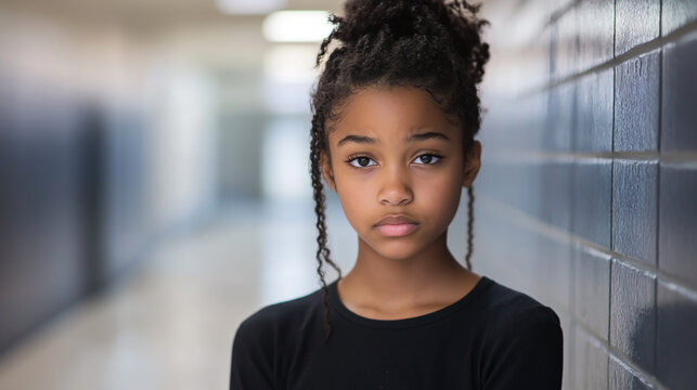 Portrait of a sad African American teenage girl standing alone in a high school hallway