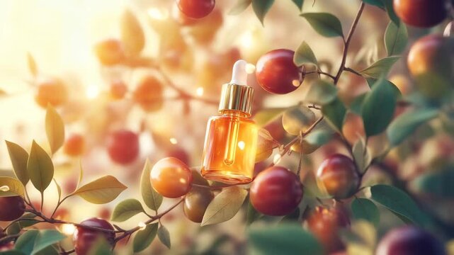 A bottle of perfume is sitting on a branch of a tree. The bottle is surrounded by red fruit, which gives the impression of a natural and organic setting. Concept of relaxation and tranquility
