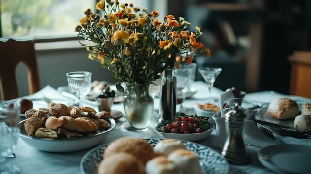 A table with a variety of food and drinks, including bread, fruit, and wine glasses. The table is set for a meal, and the atmosphere is inviting and warm