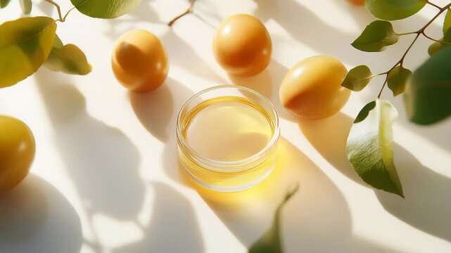 A bowl of honey is on a table with a bunch of oranges and leaves. The bowl of honey is the main focus of the image, and the oranges and leaves are in the background. Concept of warmth and comfort