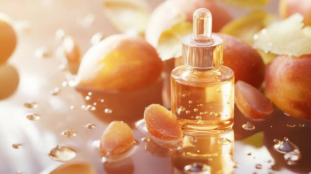 A bottle of perfume is sitting on a branch of a tree. The bottle is surrounded by red fruit, which gives the impression of a natural and organic setting. Concept of relaxation and tranquility