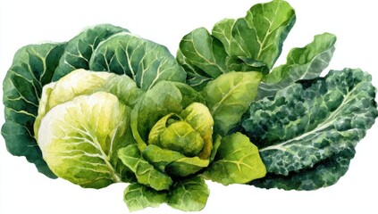 Obraz premium Watercolor Painting of Fresh Green Cabbage and Kale, Illustrating Healthy Eating and Sustainable Agriculture Practices : Generative AI