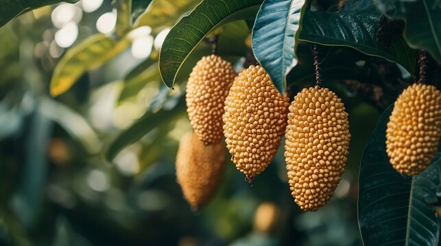 Cluster of Baccaurea ramiflora fruits hanging from a tree in a tropical setting