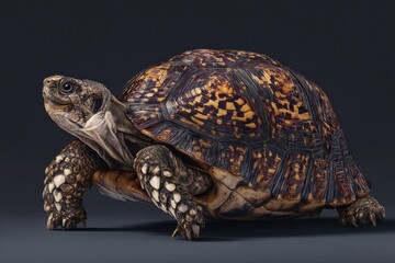 Fototapeta premium Detailed Turtle Portrait Against Dark Backdrop, Symbolizing Longevity and Environmental Conservation, Ideal for Ecological Awareness Campaigns : Generative AI