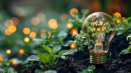 Bulb radiates amidst verdant growth luminous orbs