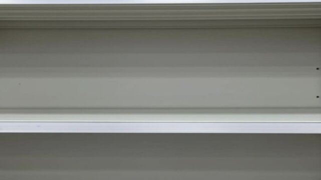 Empty grocery shelf with carton of eggs standing alone under fluorescent lights