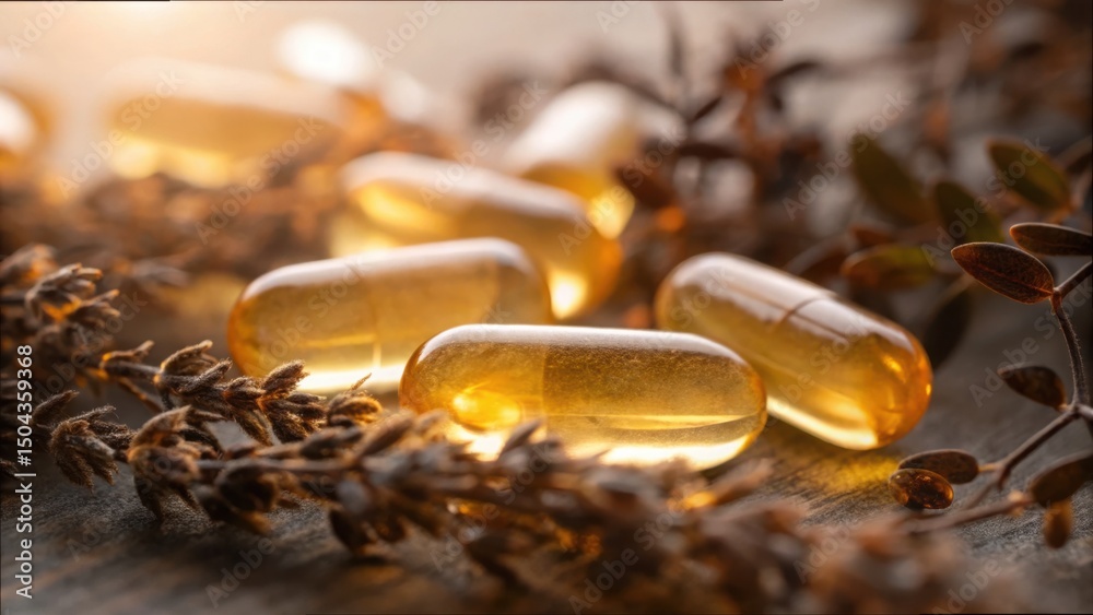 Aufkleber glowing capsules under soft light with botanical elements