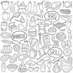 BBQ Barbecue Doodle Line Art Illustration. Hand Drawn Line Art Vector Clip Art.