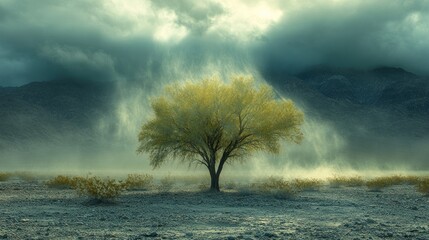 Lone desert tree in a dust storm, dramatic lighting.