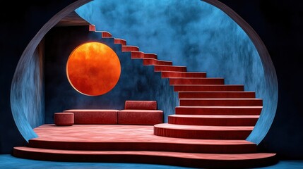 Abstract red staircase, circular archway, and moody blue wall with orange orb.