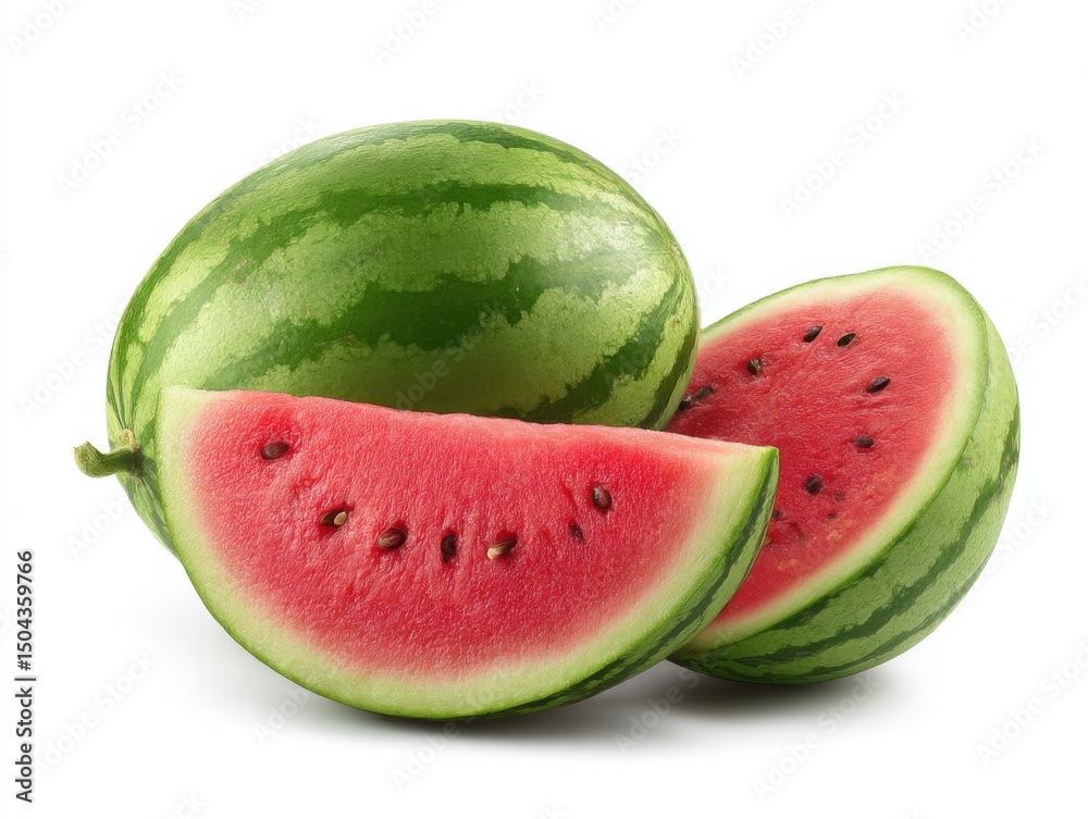 Poster fresh watermelon slices on white background, showcasing summer refreshment and healthy eating for fo