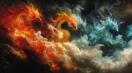 Fiery and icy dragons clash amidst cosmic clouds.