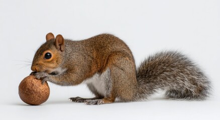 Obraz premium Eastern Gray Squirrel Holding a Nut Against a White Background, Symbolizing Wildlife Conservation and Autumn Harvest : Generative AI