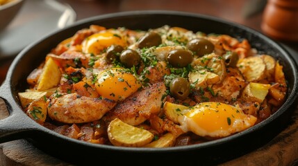 Fototapeta premium Savory chicken and potato dish with fried eggs and olives a delicious mediterranean-style recipe