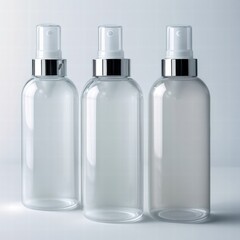 Three transparent spray bottles with silver caps standing upright on a clean white surface with soft lighting. High quality photo