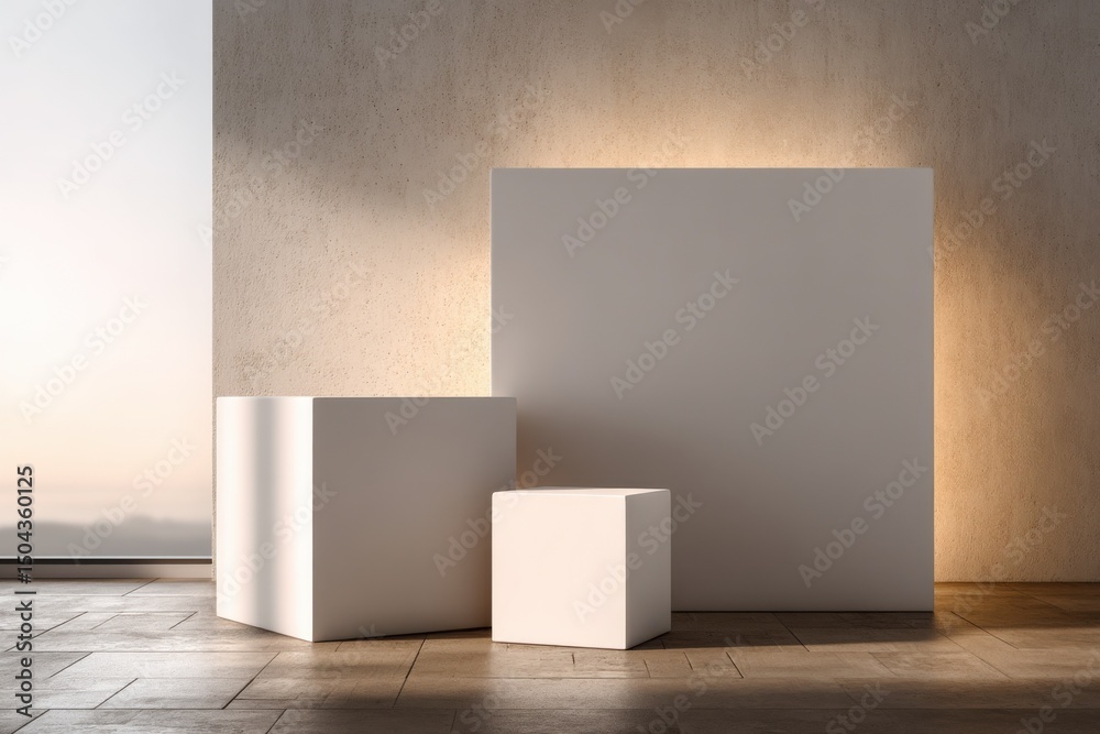 Poster Minimalist Product Display With Three White Cubes in Warm Light, Ideal for Marketing Campaigns and Brand Presentation Mockups : Generative AI