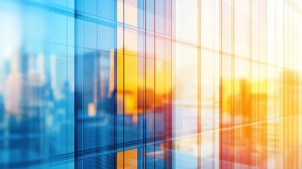 Modern glass building facade reflecting sunset colors, showcasing vibrant blue and orange hues