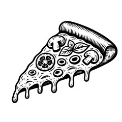 illustration of a pizza isolated on white background. pizza slice with salami,mushrooms, basil leaf and melted cheese for pizzeria package and menu designs. Flat Vector illustration.