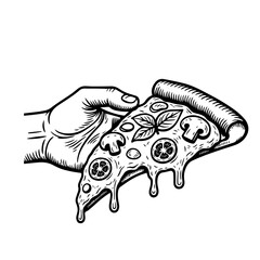 hand holding a piece of pizza, in sketch style. Vector engraving isolated on background.