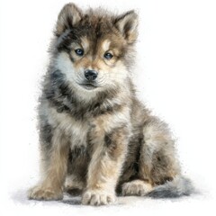 Obraz premium Watercolor Painting of a Cute Wolf Cub Sitting on White, Representing Animal Conservation and Wildlife Awareness : Generative AI